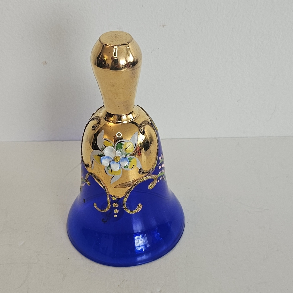 Vintage Cobalt Blue glass dinner bell Murano hand painted enamel floral 24k Gold